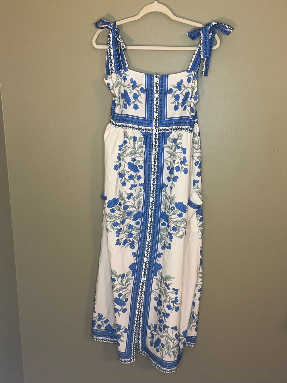 Sunday Up Blue White Porcelain Floral Tie Shoulder Midi Maxi Dress Large Pockets